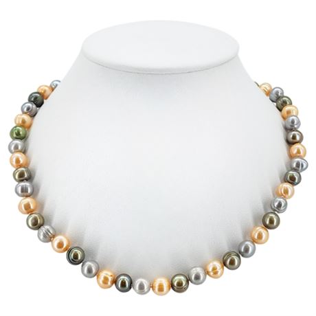 Signed WORLD WIDE IMPORTS Tri-Color Freshwater Pearl Necklace w/ Sterling Clasp