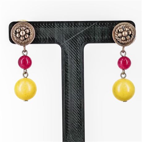 Vintage Retro Dangle Earrings – Yellow & Red Beads – Floral Metal Button Tops