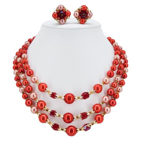 Vintage JAPAN 3-Strand Red Faux Pearl & Aurora Crystal Bead Necklace & Earrings
