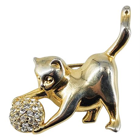 Signed Vintage GIVENCHY Cat w/ Rhinestone Ball Brooch