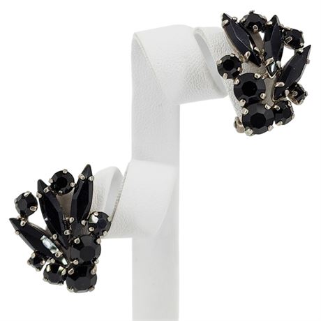 Vintage SHERMAN Prong Set Jet Black Rhinestone Navette Clip Earrings