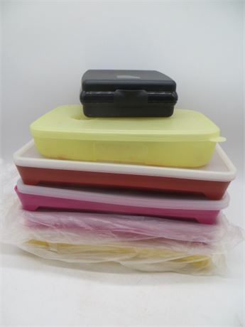NEW VINTAGE TUPPERWARE 4 HOT DOG KEEPERS & 2 OTHERS