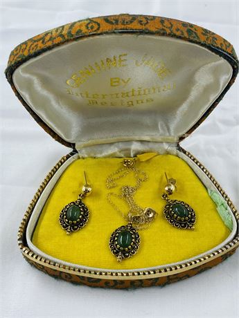 Vtg  6.4g 14k Gold Jade Necklace Earring Set in Orig Box