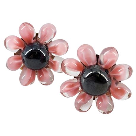 Vintage West German Art Glass Flower Clip Earrings
