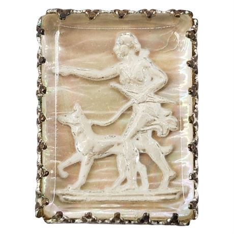 Vintage Art Deco Goddess Diana The Huntress & Dog Reverse Painted Brooch