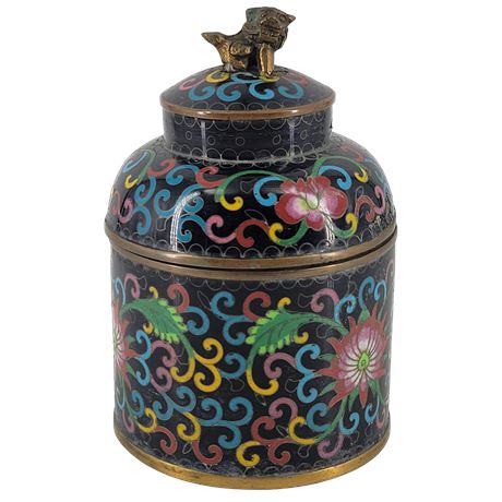 Vintage Chinese Cloisonne Enameled Tea Container w/ Guardian Lion Lid