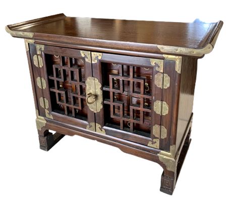 Mid Century 14 Drawer Oriental Brass Trimmed Jewelry Box Curiosities Cabinet