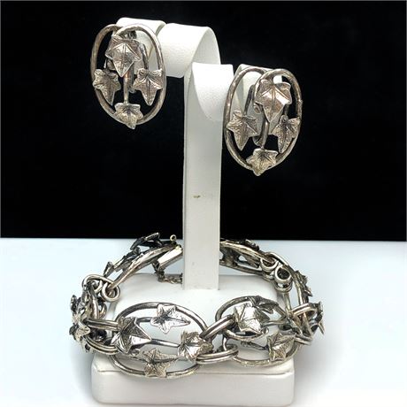Vintage Napier Sterling Silver Leaf Panel Link Bracelet & Earrings Set