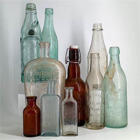 Antique & Vintage Glass Bottle Lot – 10 Mixed Bottles, Aqua, Amber & Clear
