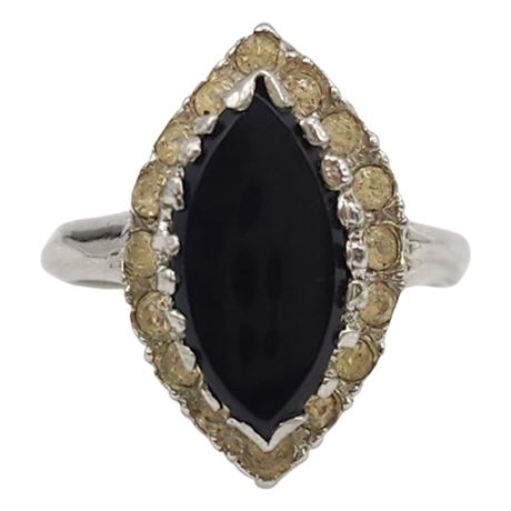 Vintage Sterling Silver Marquise Cut Black Onyx Rhinestone Halo Ring, Sz 3.5