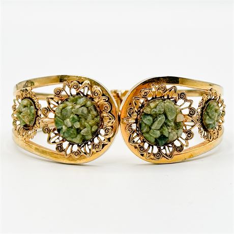 Vintage Gold-Tone & Jadeite Chip Hinged Cuff Bracelet