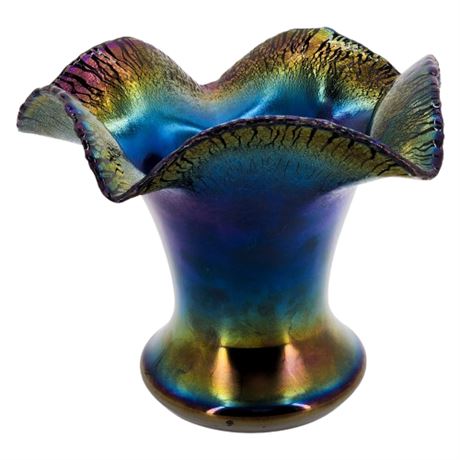 Vintage Poschinger Black Amethyst Aurene Onionskin Floriform Ruffled Glass Vase