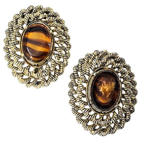 Pair Signed Vintage GERRY'S Tortoise Glass & Cameo Brooches