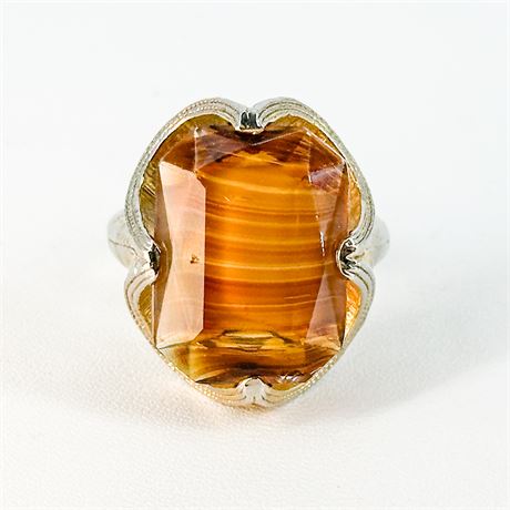 Vintage Silver Tone and Faux Agate Glass Adjustable Ring