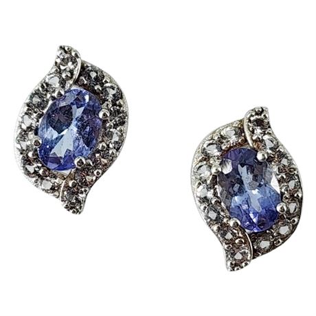 Signed ACN Sterling Silver Iolite & CZ Post Back Earrings