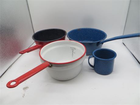 3 Enamel Pots & 1 Mug