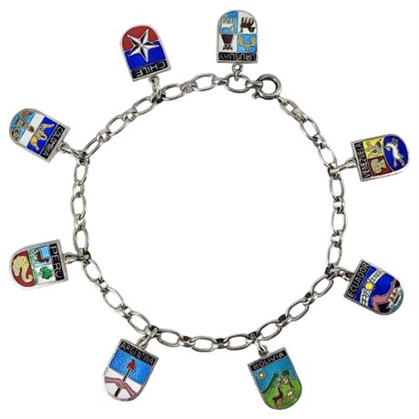 Vintage 835 Silver South American Enamel Crests Charm Bracelet