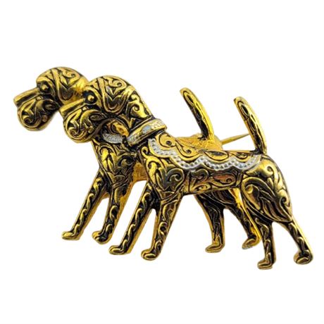 Vintage Spanish Damascene Gold Tone Dog Brooch