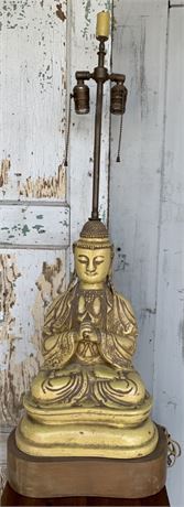 Serene Mid Century era Seated Buddha Crackled Pottery Table Lamp