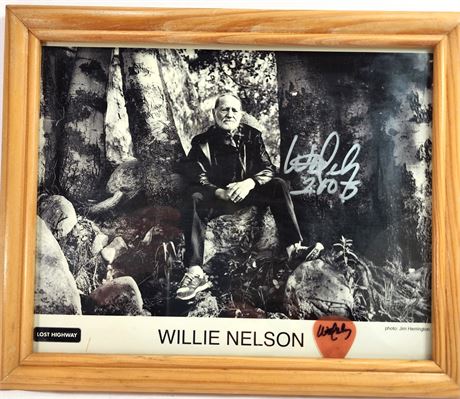 Willie Nelson Autographed Picture and Guitar Pick
