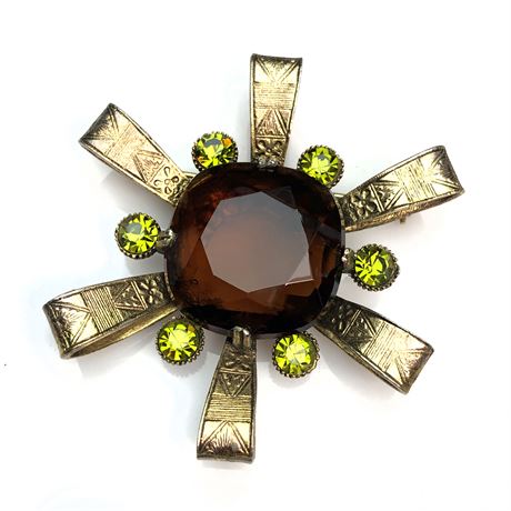 Vintage Capri Amber & Peridot Rhinestone Brooch Pendant Combination