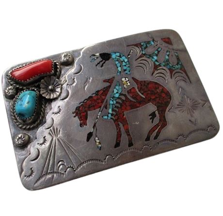 VTG Native American "End Of The Trail" Belt Buckle Coral & Turquoise with Inlay