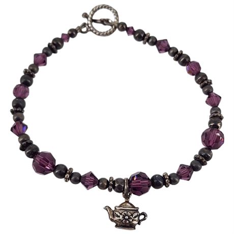 Artisan Made Beaded Bracelet w/ Sterling Silver Teapot Charm