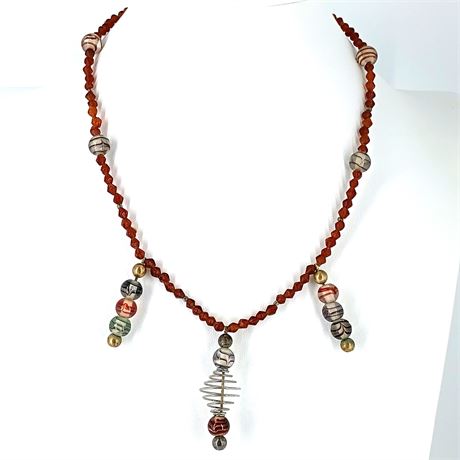 Handcrafted Beaded Necklace with Glass Beads & Wire Coil Pendant – Boho Artisan