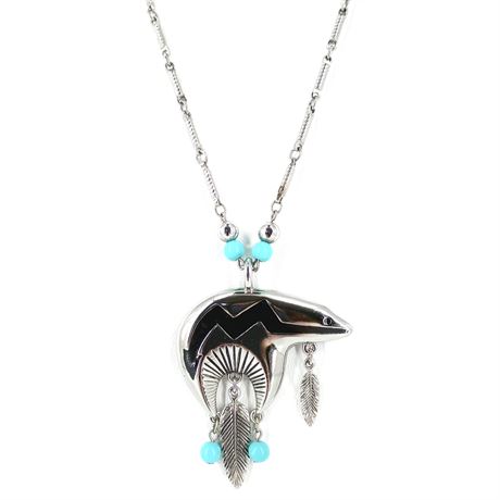 Silver-Tone Bear Fetish Pendant Necklace with Turquoise Beads & Feathers