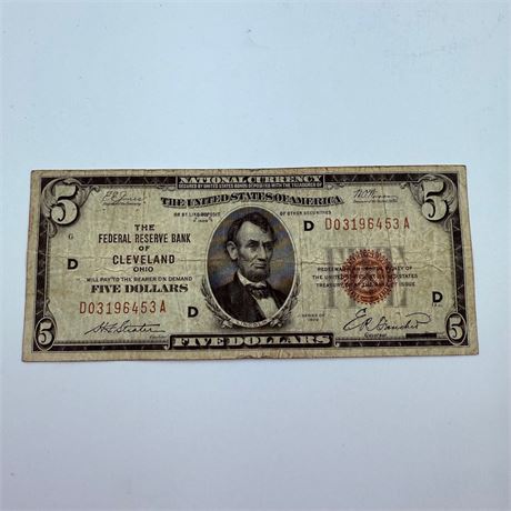 1929 $5 Fed Reserve Cleveland National Currency