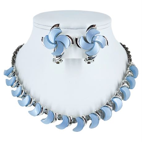 Vintage Blue Moonglow Lucite Crescent Moons Necklace & Clip Earrings Set