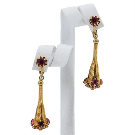 Vintage Pink & Red Prong Set Rhinestone Gold Tone Drop Clip Earrings