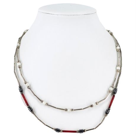 Pair Artisan Made Silver Tone Beaded Necklaces