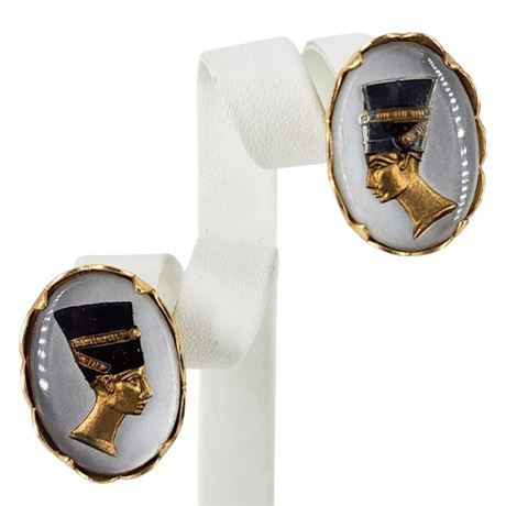 Vintage Emmons Egyptian Revival Gold Tone Nefertiti Clip Earrings