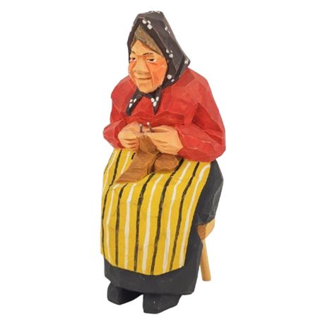 Signed Vintage Nils Gunnarsson Carved Wood Knitting Woman Figurine