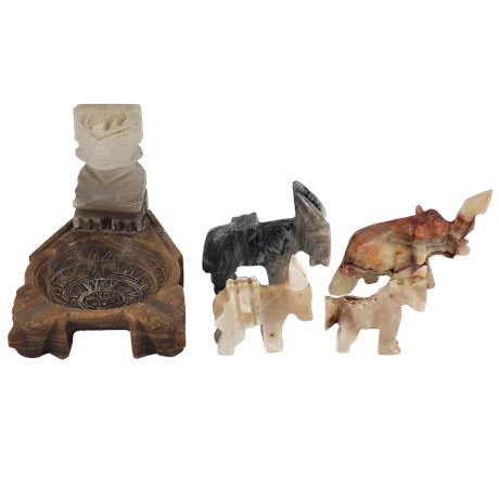 Onyx / Marble Animal Figurines / Carved Stone Aztec Ashtray