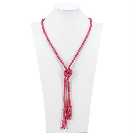 Vintage Art Deco Crocheted Hot Pink Glass Beaded Tassel Necklace