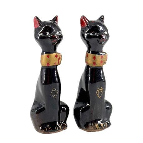 Pair of MCM Redware Stoneware Black Cat Salt & Pepper Shakers