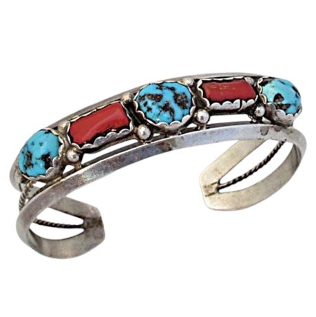 Native American Sterling Turquoise Coral Cuff Bracelet