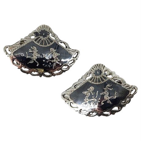 Vintage Thai Sterling Silver Niello Fan Clip Earrings