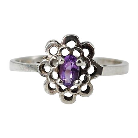 Vintage Sterling Silver Amethyst Flower Ring, Sz 8