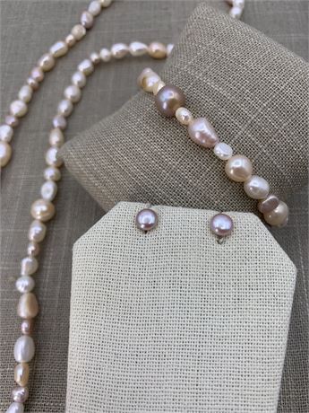 NEW Blush Pink Freshwater Pearl Necklace & Bracelet, Button Pearl Earrings