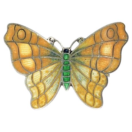Vintage Sterling Silver Guilloche Enamel Butterfly Brooch