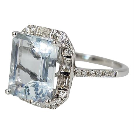 Signed EFFY 14K White Gold Aquamarine & Diamond Ring, Sz 6.75