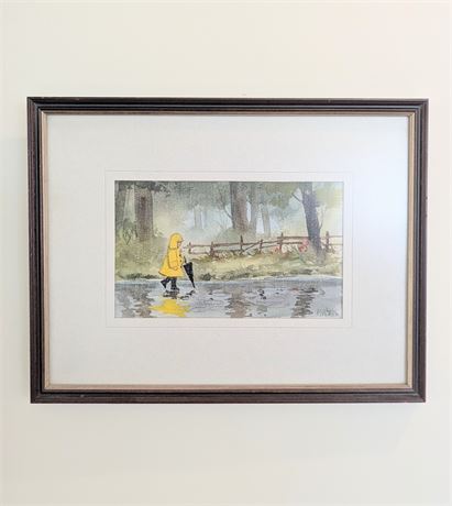 Signed M. Wells Watercolor Child in Raincoat