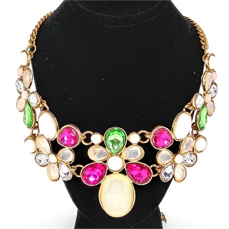 Colorful Floral Statement Necklace – Pink, Green & Opalescent Stones – Gold-Tone