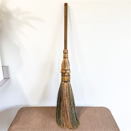 Antique Primitive Decorative Straw Broom with Wicker Wrapped Handle