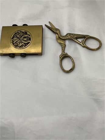 Bird sissors & Vintage brass retractable shoe brush and case