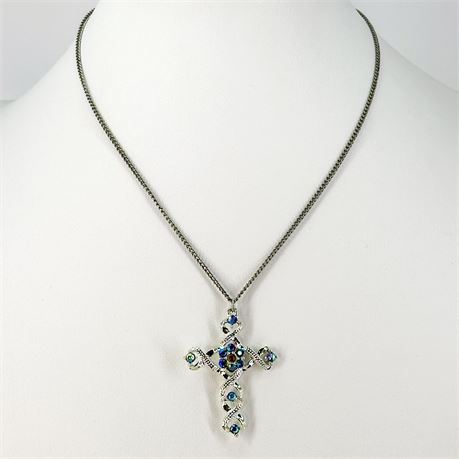 Vintage Silver Tone & Rhinestone Cross Pendant Chain Necklace