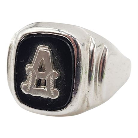 Vintage ESPO Sterling Silver Black Onyx "A" Signet Ring, Sz 5.5